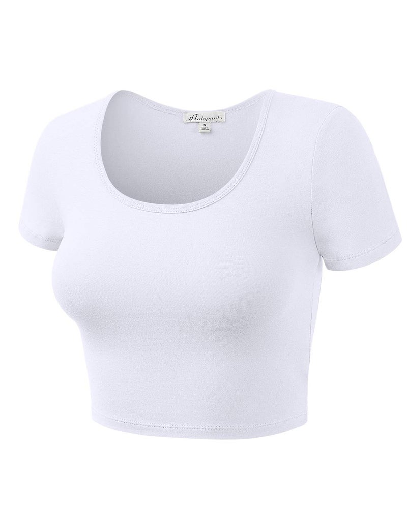 HATOPANTS Women Cotton Scoop Neck Crop Tops Short Sleeve Basic Casual Shirts White S - Image 2